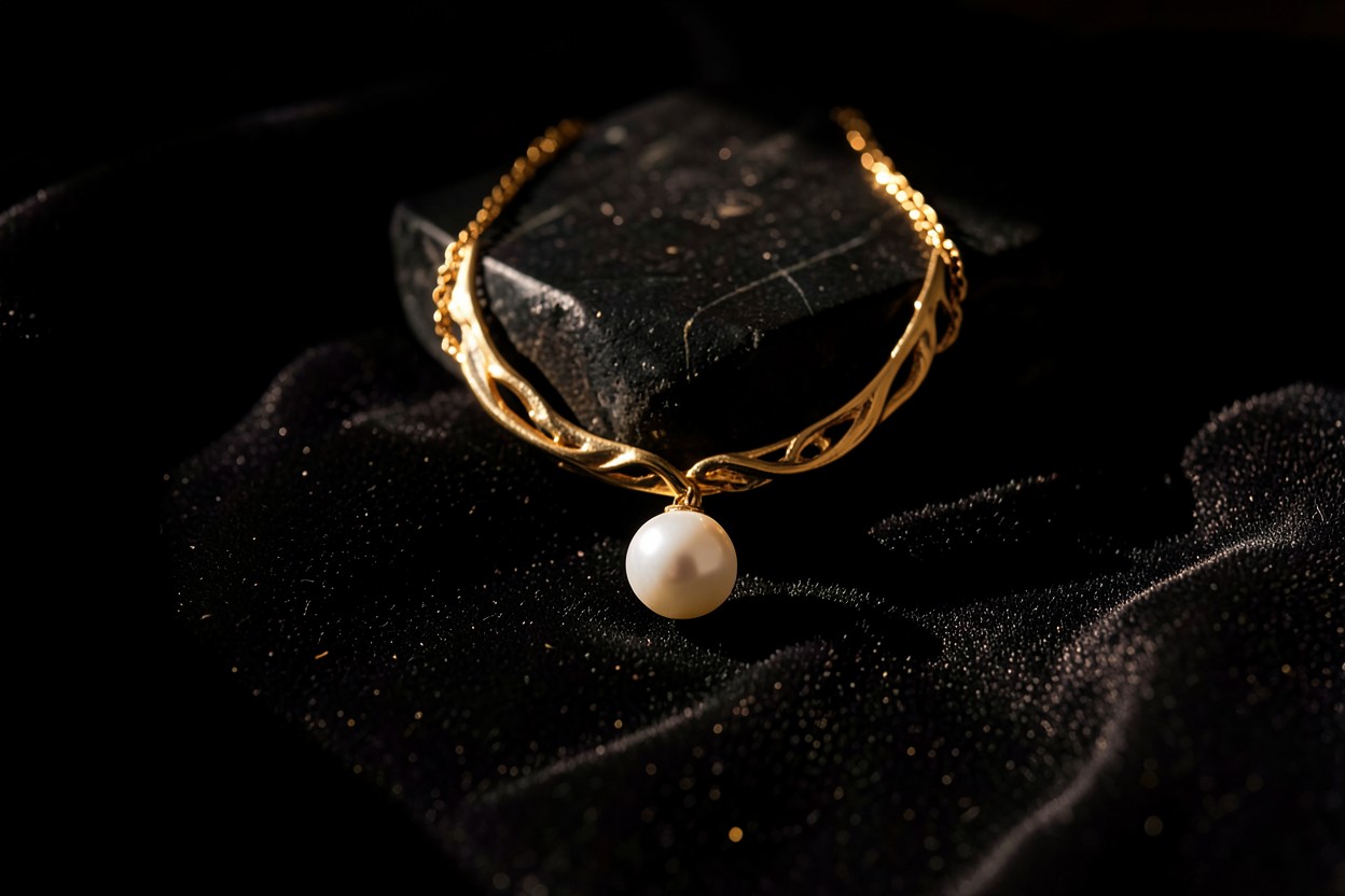 Collar dorado sobre piedra oscura